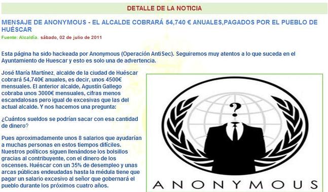 Anonymous hackea la web de Huéscar para criticar el sueldo de su alcalde