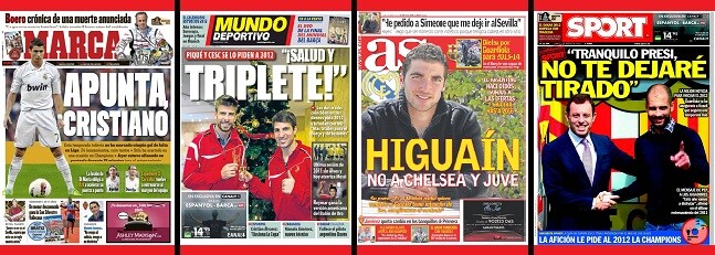 Piqué, Fábregas, Higuaín y Ronaldo compiten en las portadas del 2 de enero